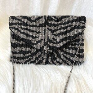 Silver Black Zebra Animal Print Beaded Clutch Crossbody Chain Bag Handbag NEW